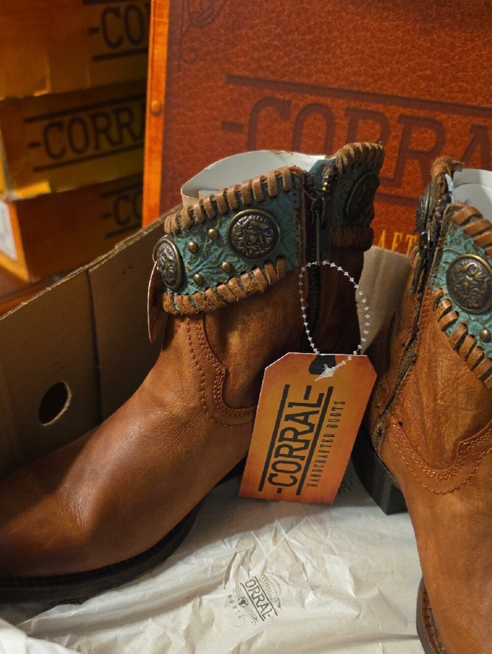 Corral Brown Leather Ankle Boots with Turquoise Trim - Picture 2 of 3